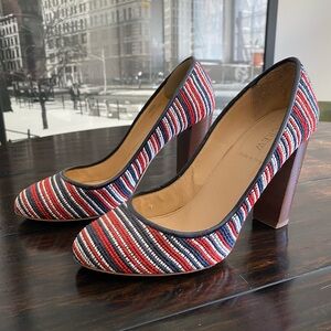 J.CREW ETTA PUMP STRIPED RED WHITE BLUE WOVEN WOODEN HEEL SZ 9.